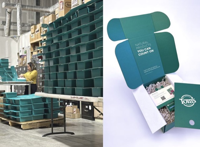 Warehouse worker assembling stacks of teal Tom's of Maine mailer boxes beside a finished open box